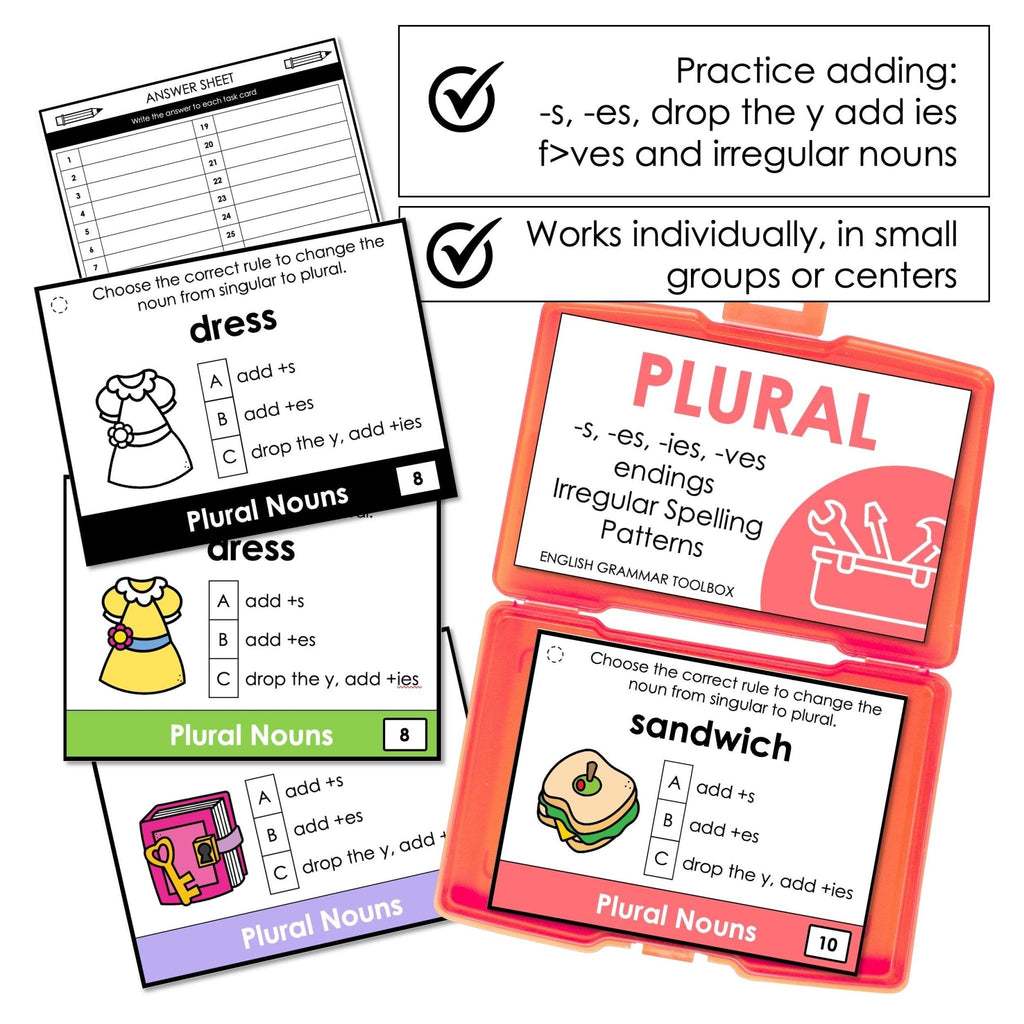 Plural Noun Spelling Rules Task Cards - Add +s +es +ies +ves GRAMMAR TOOLBOX - Hot Chocolate Teachables