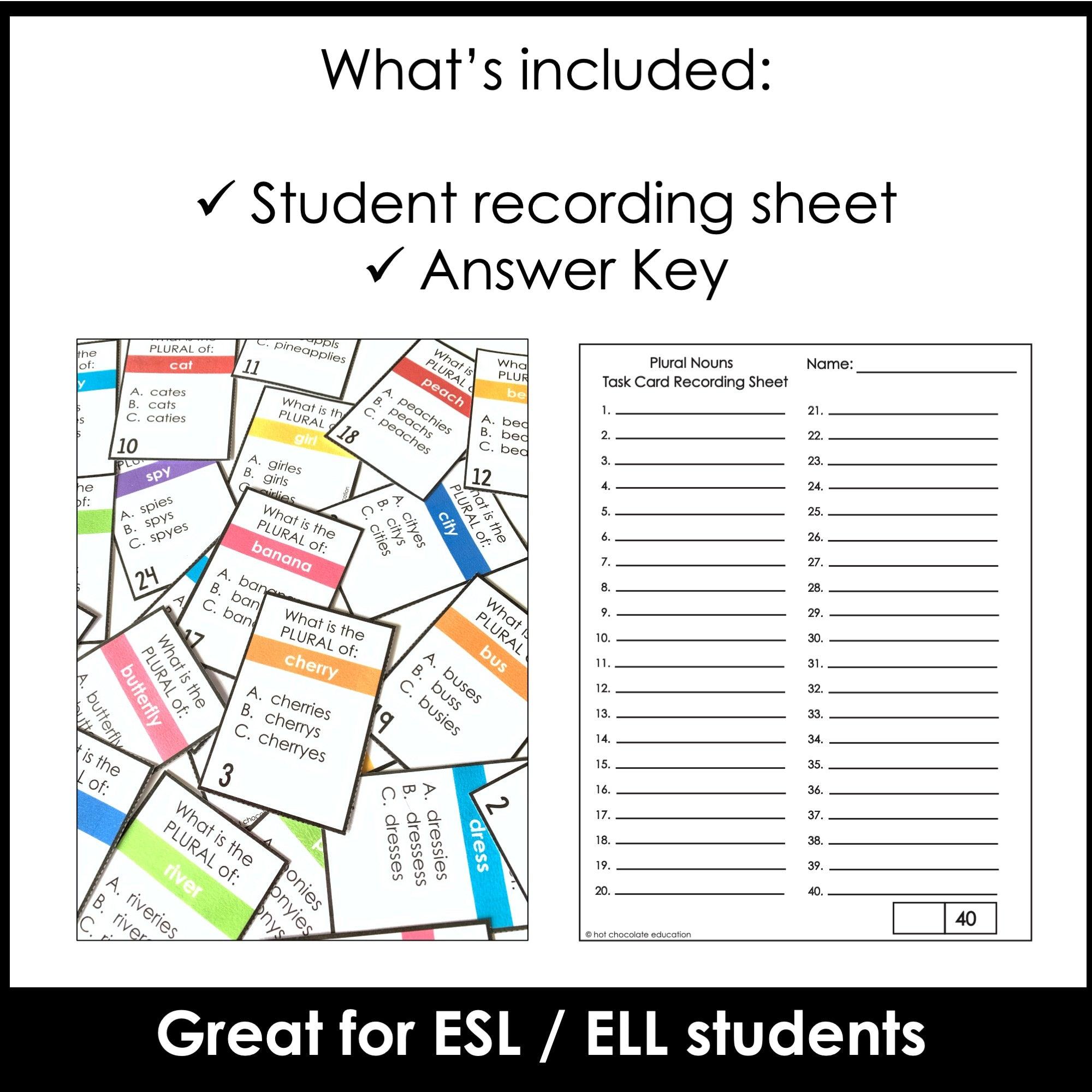 Plural Noun Task Cards | Spelling Patterns -s, -es, -ies endings - Hot Chocolate Teachables