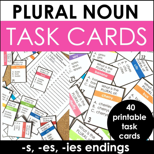 Plural Noun Task Cards | Spelling Patterns -s, -es, -ies endings - Hot Chocolate Teachables