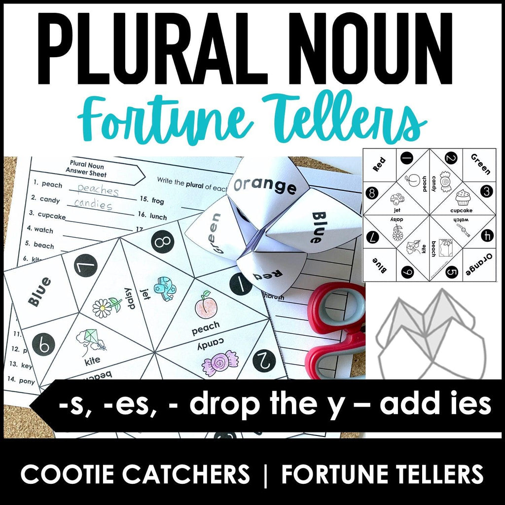 Plural Nouns | Spelling Patterns -s, -es, -ies endings - Fortune Teller - Hot Chocolate Teachables
