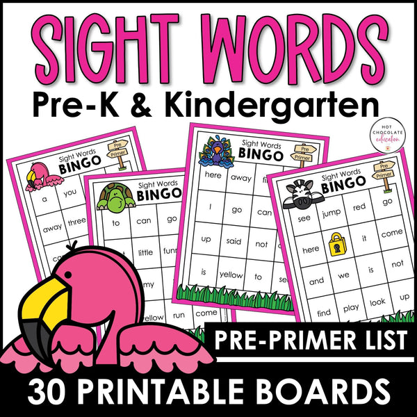 Pre-Primer Sight Word Bingo Game for Pre-K and Kindergarten - 30 Boards - Hot Chocolate Teachables