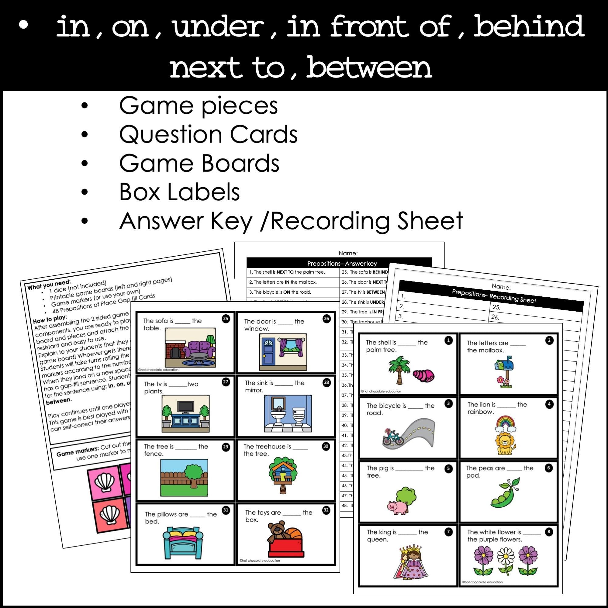 Prepositions of Place Board Game | in, on, under, in front of, behind, next to - Hot Chocolate Teachables