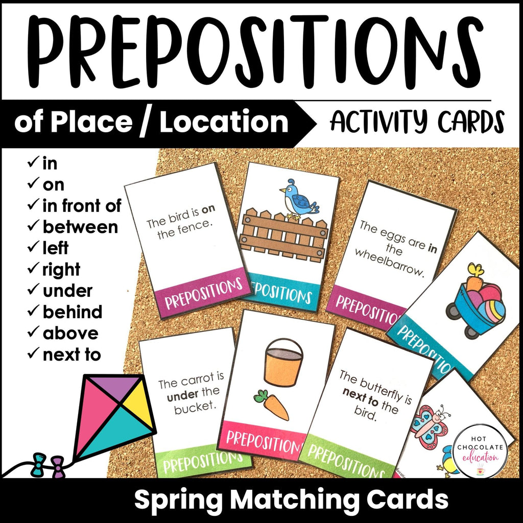 Prepositions of Place Card Match ACTIVITY BUNDLE - Seasonal Vocabulary - Hot Chocolate Teachables