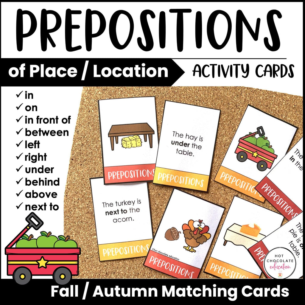 Prepositions of Place Card Match ACTIVITY BUNDLE - Seasonal Vocabulary - Hot Chocolate Teachables