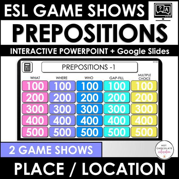 Prepositions of Place Game Show - in, on, under, in front of, behind, next to - Hot Chocolate Teachables