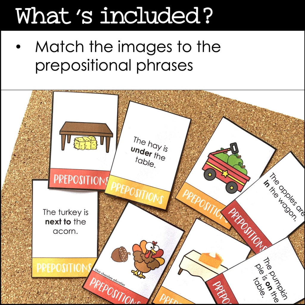 Prepositions of Place Matching Cards: Fall / Autumn Prepositional Phrase Match - Hot Chocolate Teachables