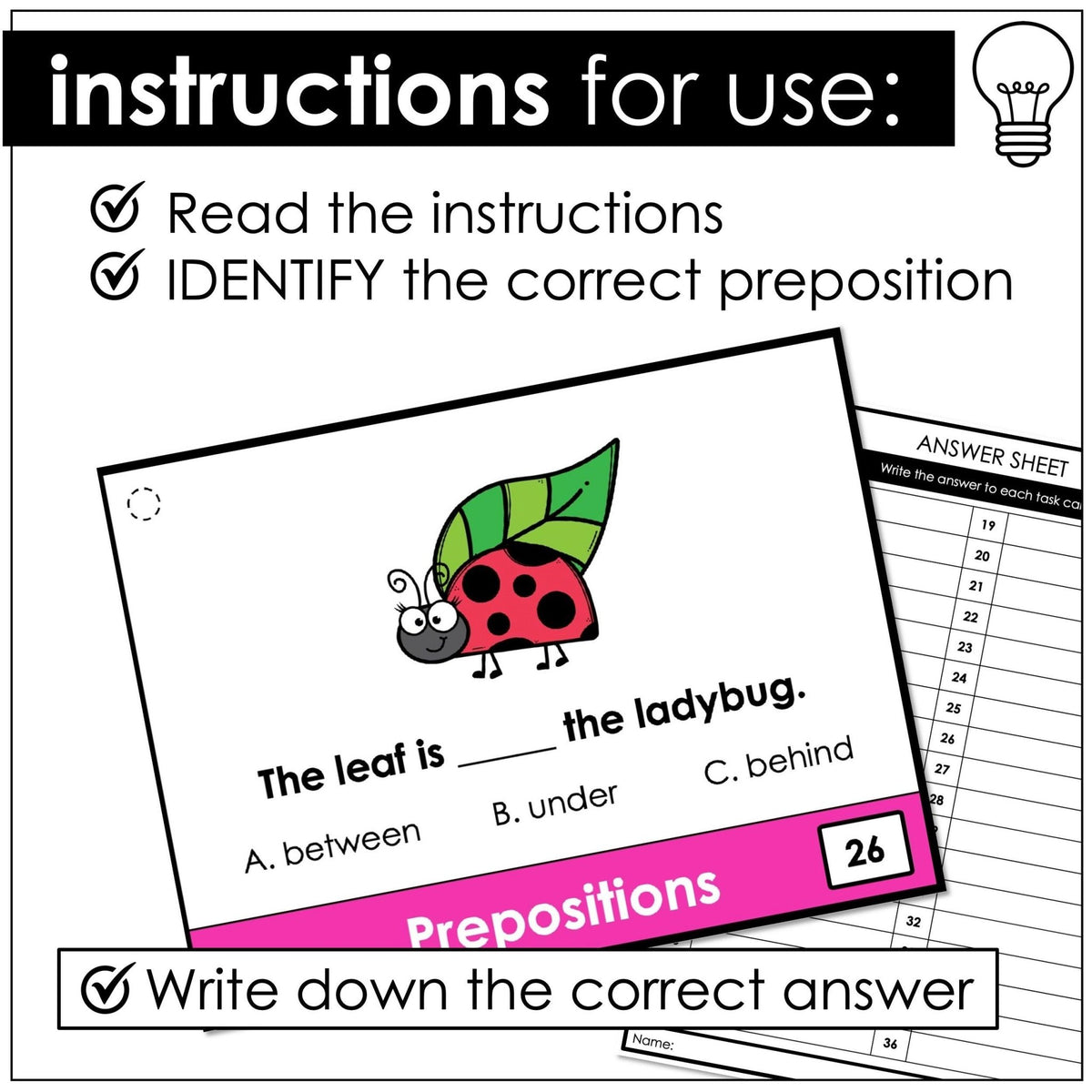 Between Next To Prepositions of Place Task Cards - in, on, under, next to
