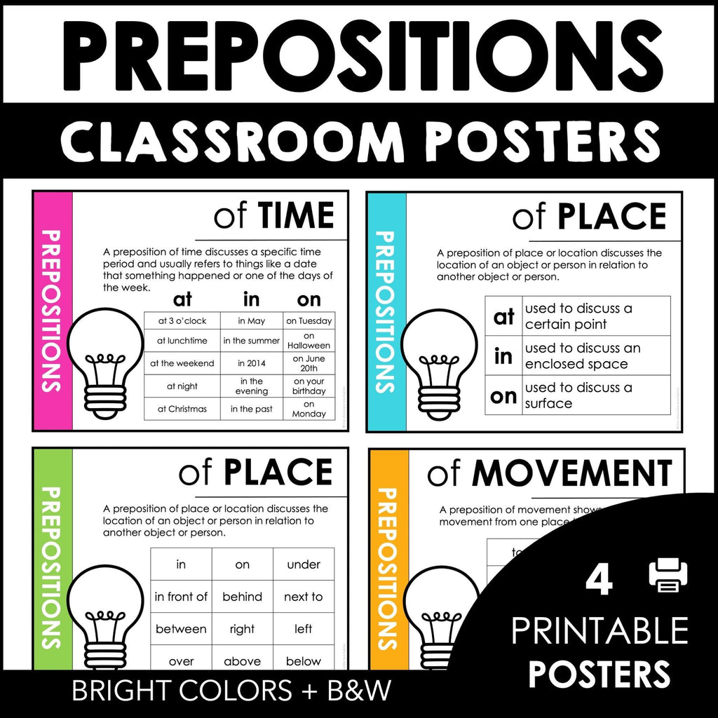 Prepositions of Time - Place - Movement | Classroom Poster Set - Bright Colors - Hot Chocolate Teachables