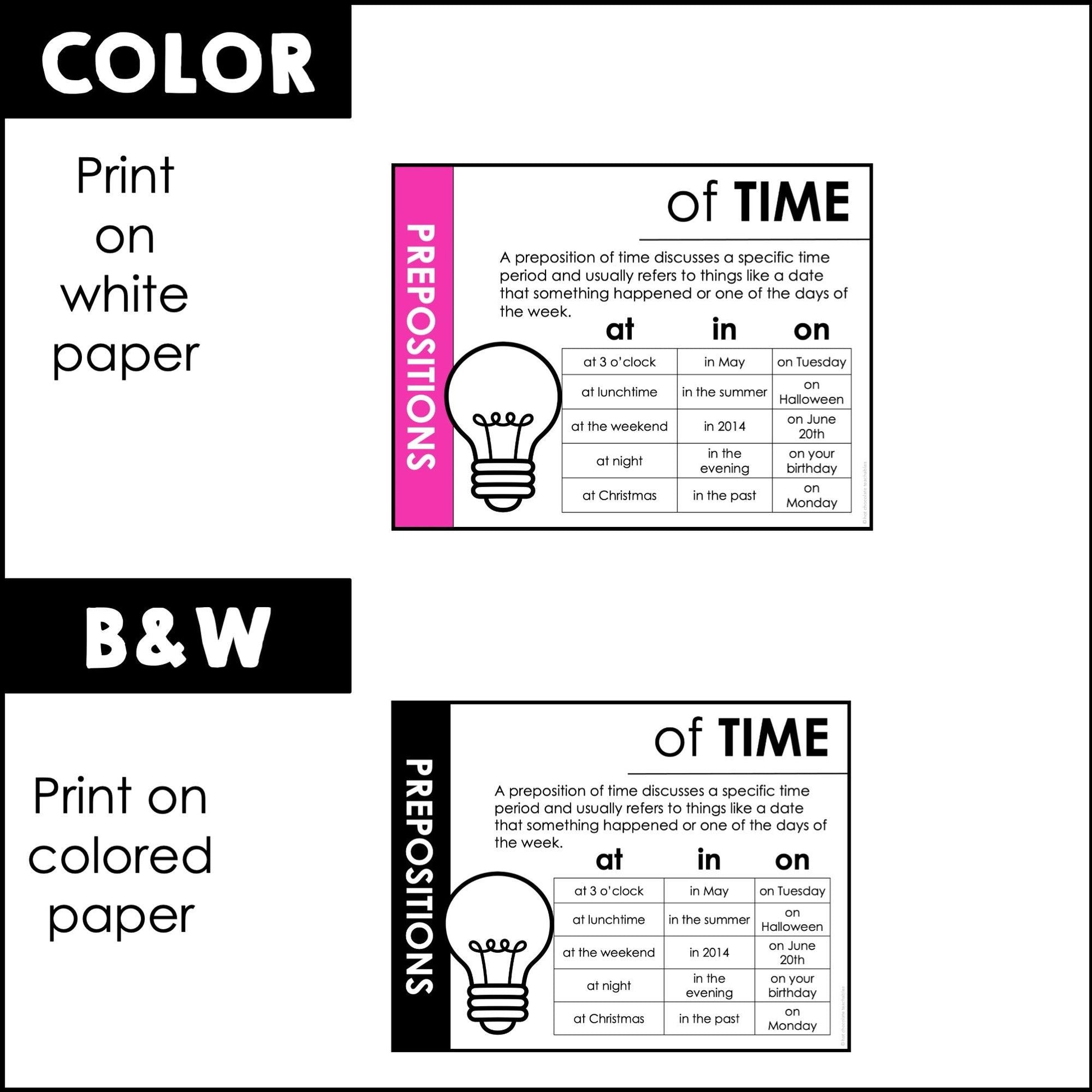 Prepositions of Time - Place - Movement | Classroom Poster Set - Bright Colors - Hot Chocolate Teachables
