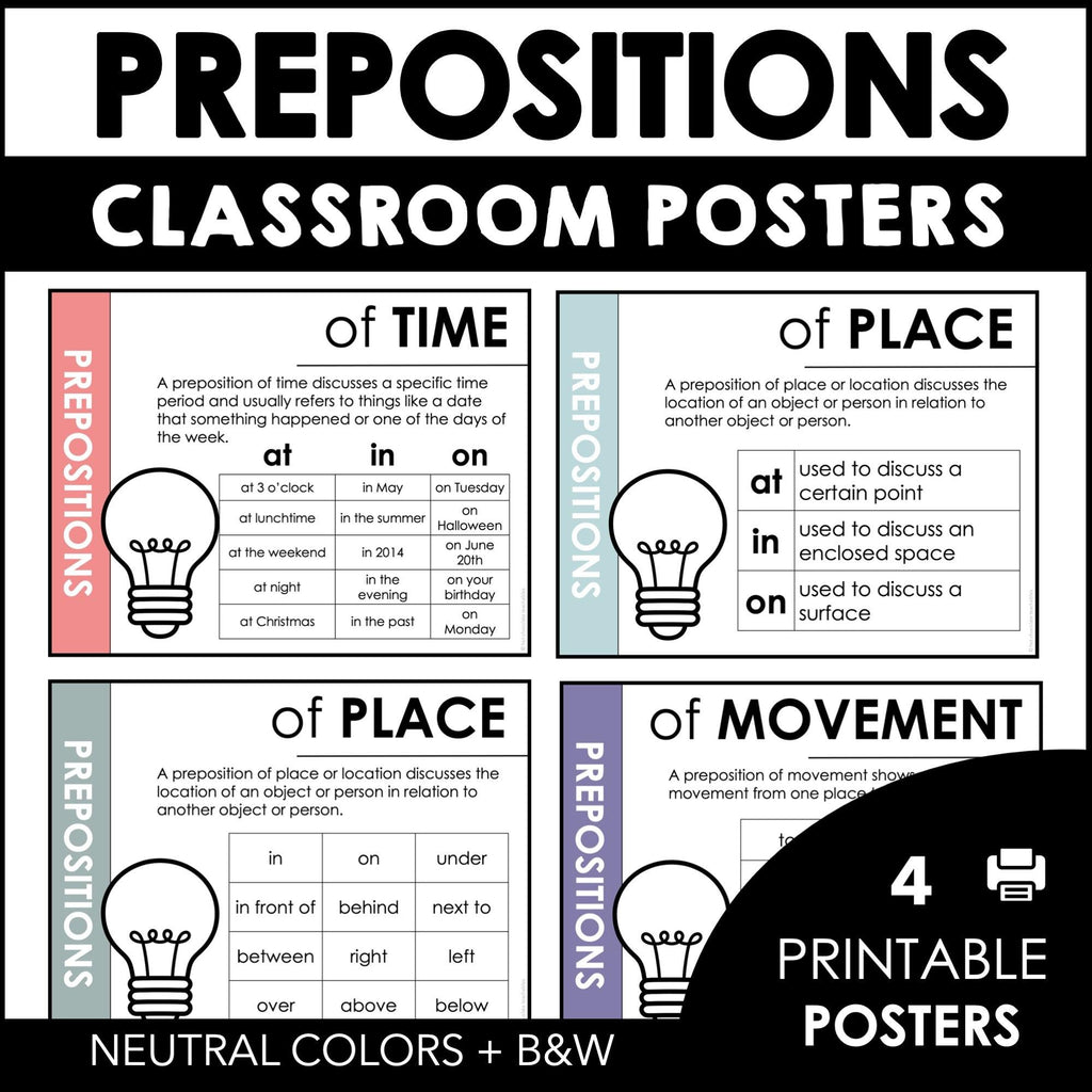 Prepositions of Time - Place - Movement | Classroom Poster Set - Neutral Colors - Hot Chocolate Teachables