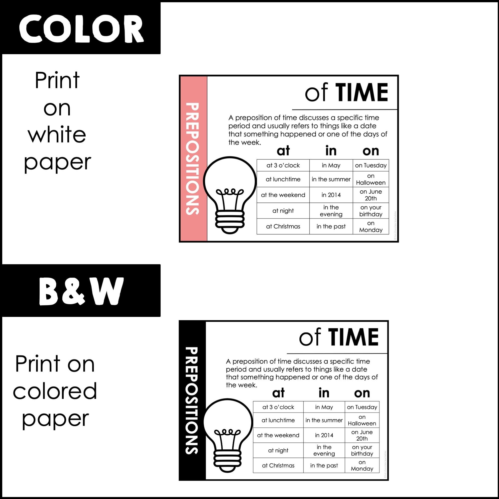 Prepositions of Time - Place - Movement | Classroom Poster Set - Neutral Colors - Hot Chocolate Teachables