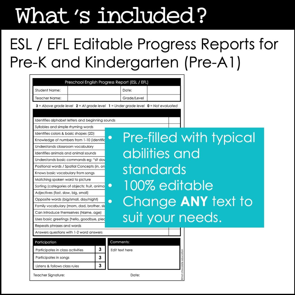 Preschool & Kindergarten ESL /EFL Progress Reports for Young Learners - EDITABLE - Hot Chocolate Teachables