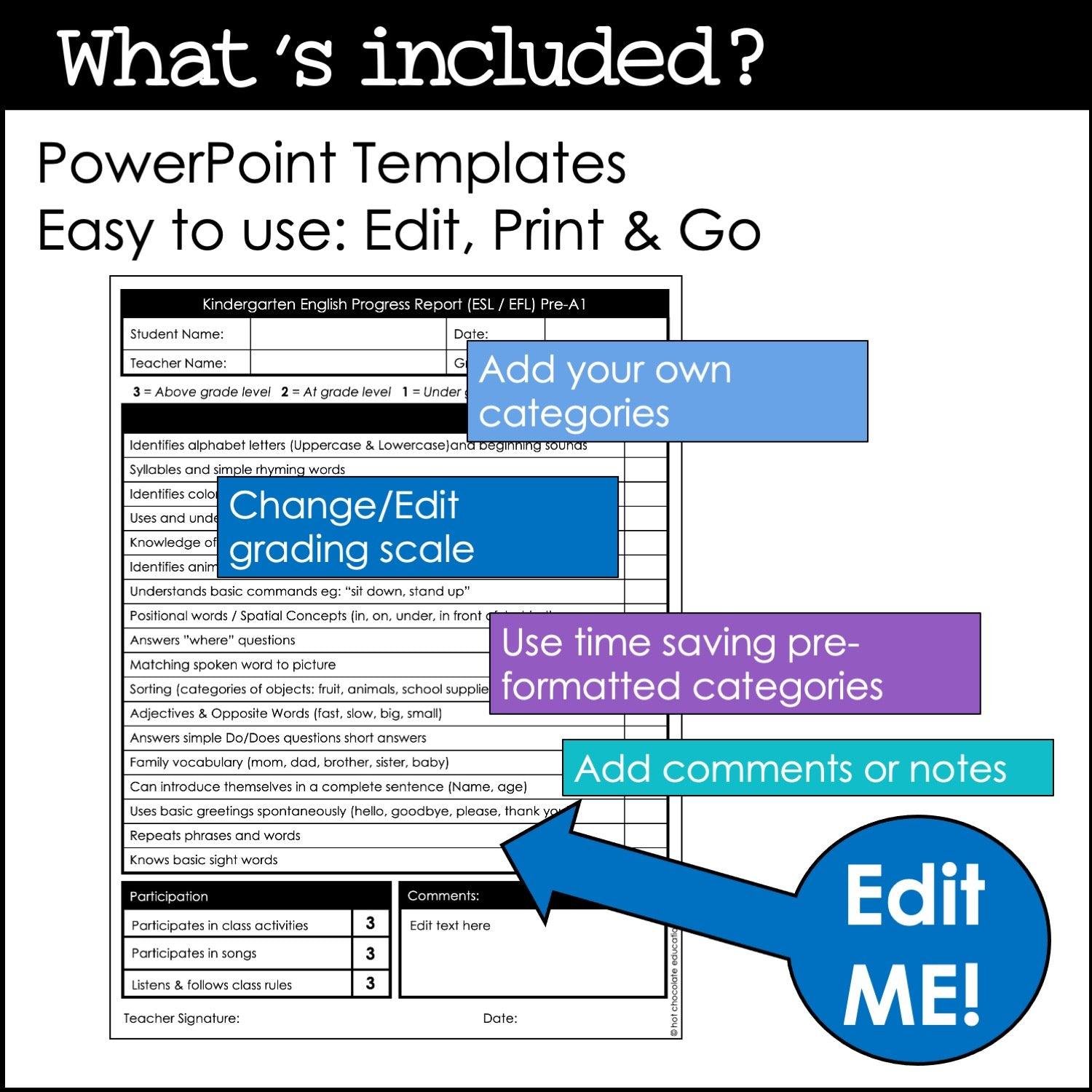 Preschool & Kindergarten ESL /EFL Progress Reports for Young Learners - EDITABLE - Hot Chocolate Teachables