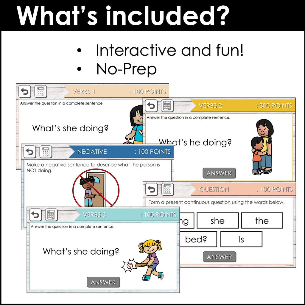 Present Continuous Action Verbs Game Show - PowerPoint + Google Slides - Hot Chocolate Teachables