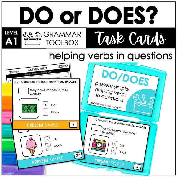Present Simple Subject Verb Agreement : Do or Does? Task Cards - Helping Verbs - Hot Chocolate Teachables