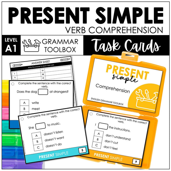 Present Simple Task Cards - Verb Choice based on Sentence Context - Hot Chocolate Teachables