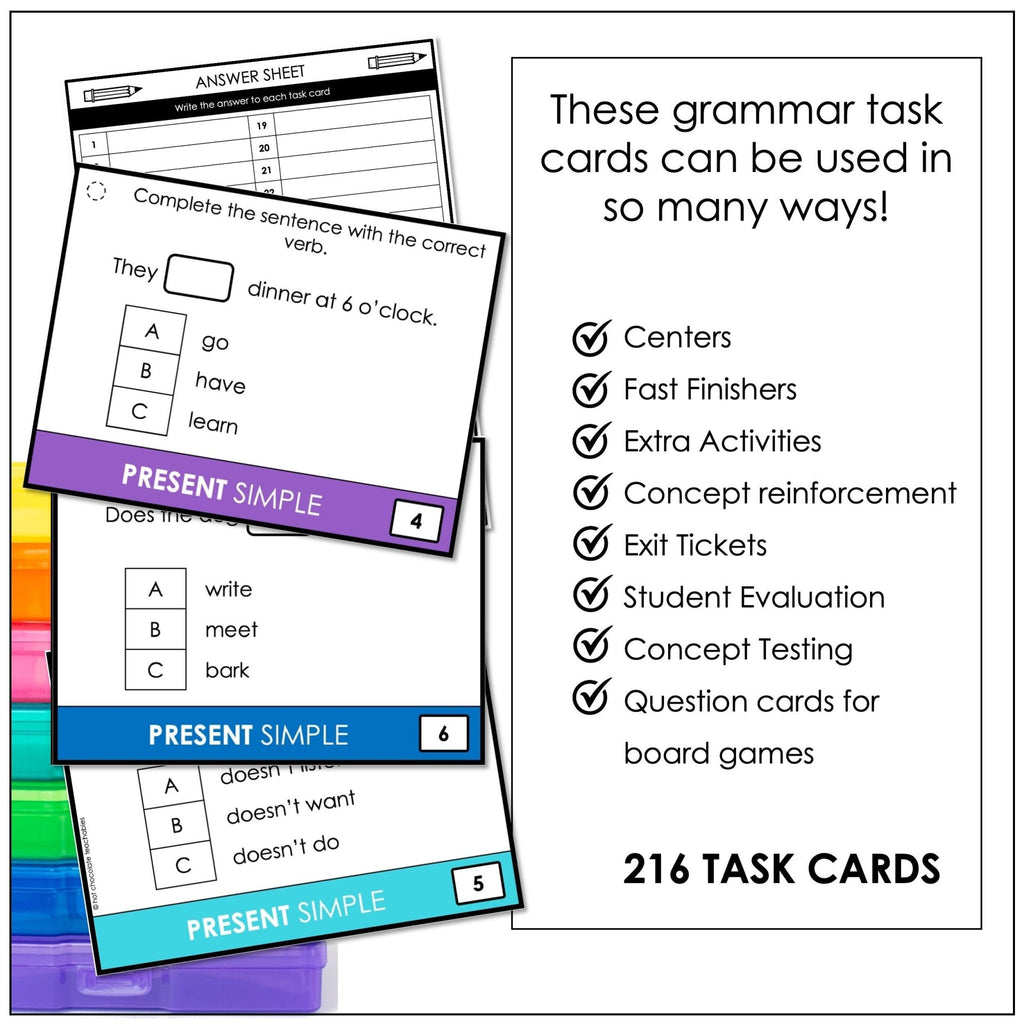 Present Tense Grammar Task Cards Bundle - Simple & Continuous for ESL EFL ELA - Hot Chocolate Teachables