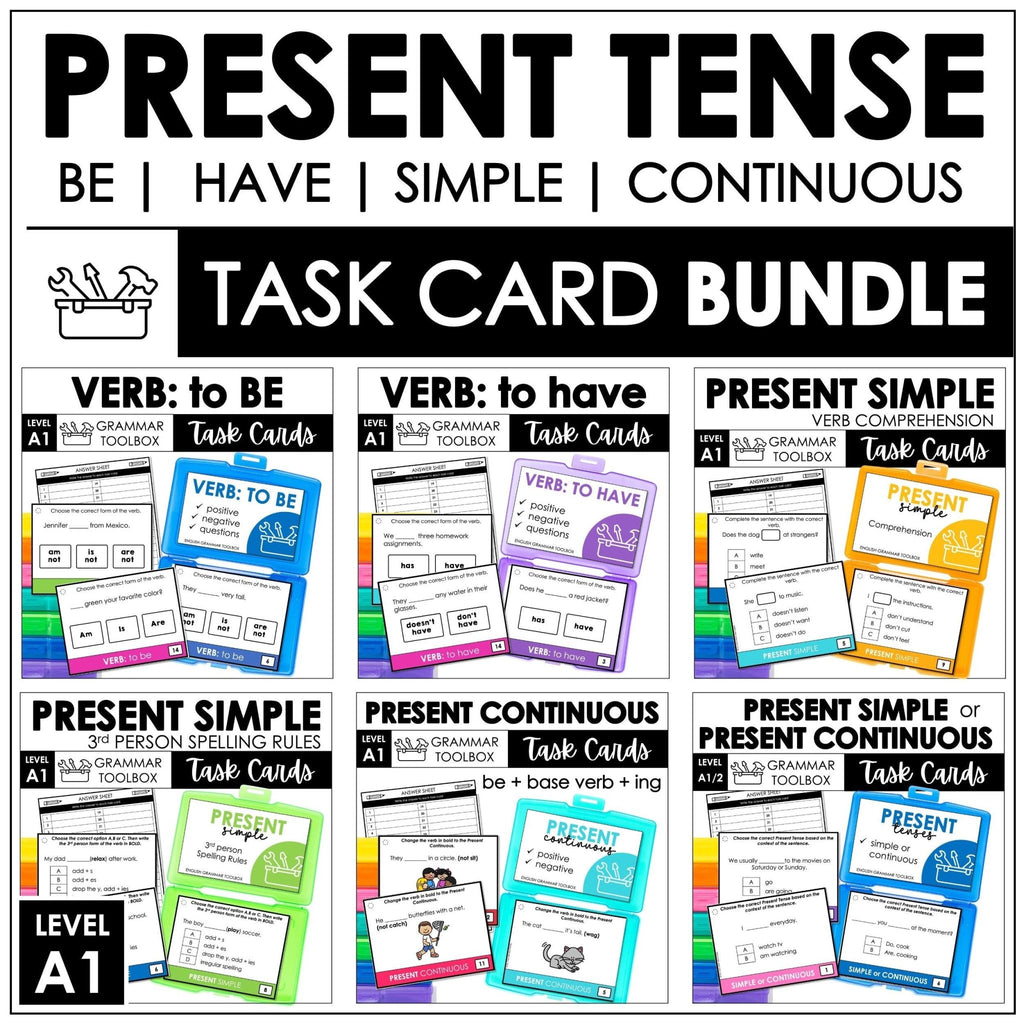 Present Tense Grammar Task Cards Bundle - Simple & Continuous for ESL EFL ELA - Hot Chocolate Teachables