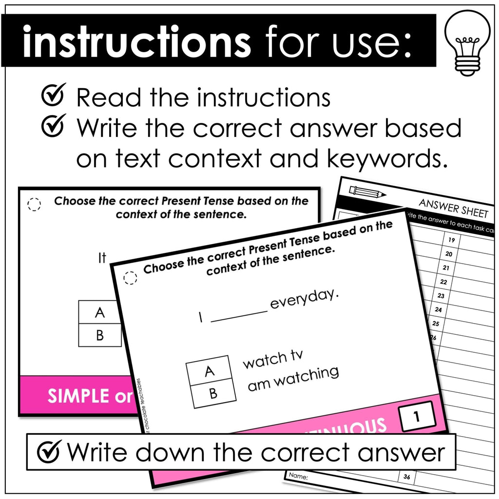 Present Tense - Simple or Continuous Task Cards : Choose the verb tense - Hot Chocolate Teachables