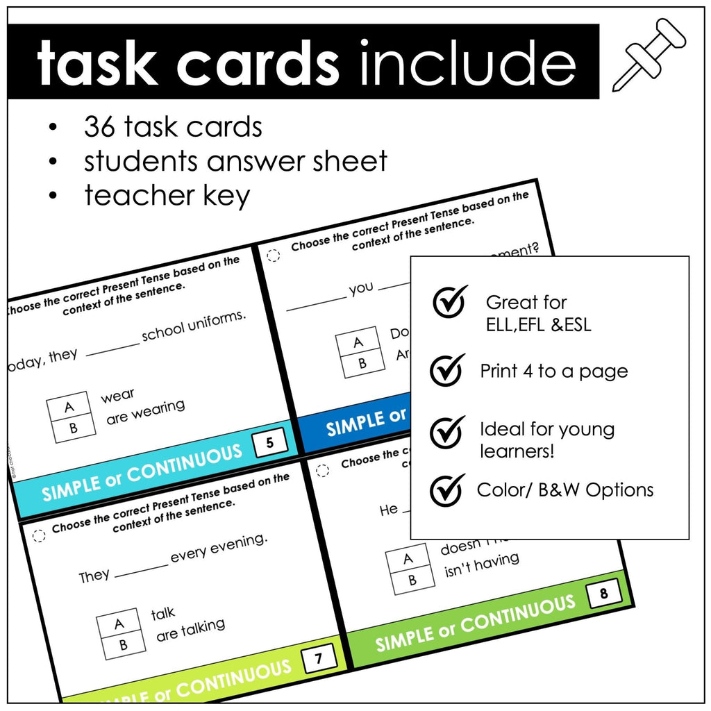 Present Tense - Simple or Continuous Task Cards : Choose the verb tense - Hot Chocolate Teachables