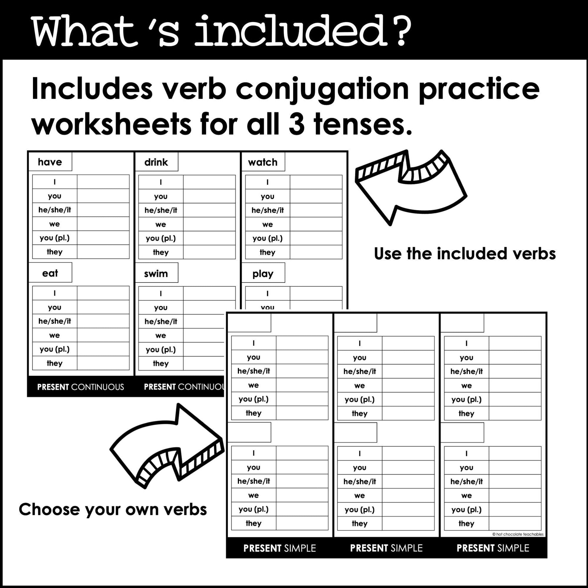 Present Tense Verb Notebook Reference + Verb Conjugation Worksheets - Hot Chocolate Teachables