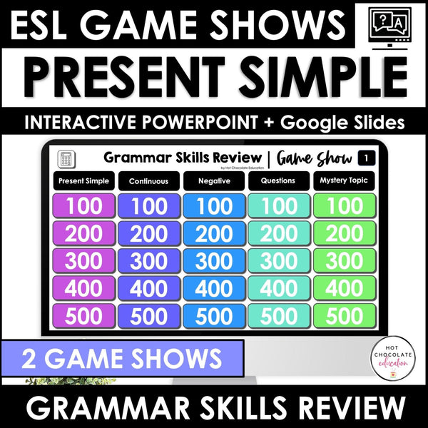 Present Tense Verb Review - Interactive Game Show PowerPoint + Google Slides - Hot Chocolate Teachables