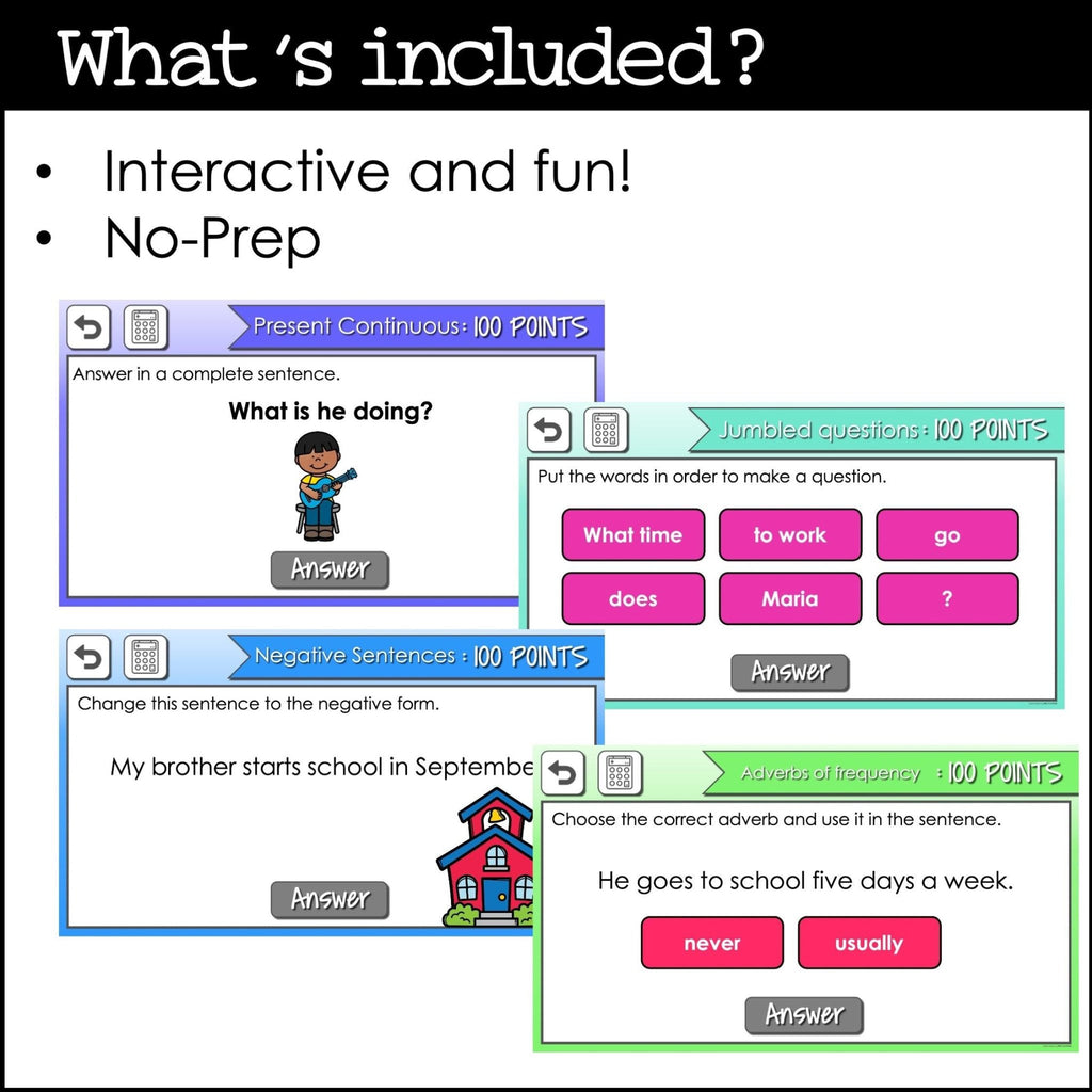 Present Tense Verb Review - Interactive Game Show PowerPoint + Google Slides - Hot Chocolate Teachables