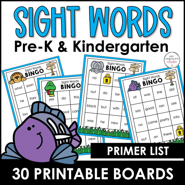 Primer Sight Word Bingo Game for Pre-K through 2nd - Dolch Aligned - Hot Chocolate Teachables
