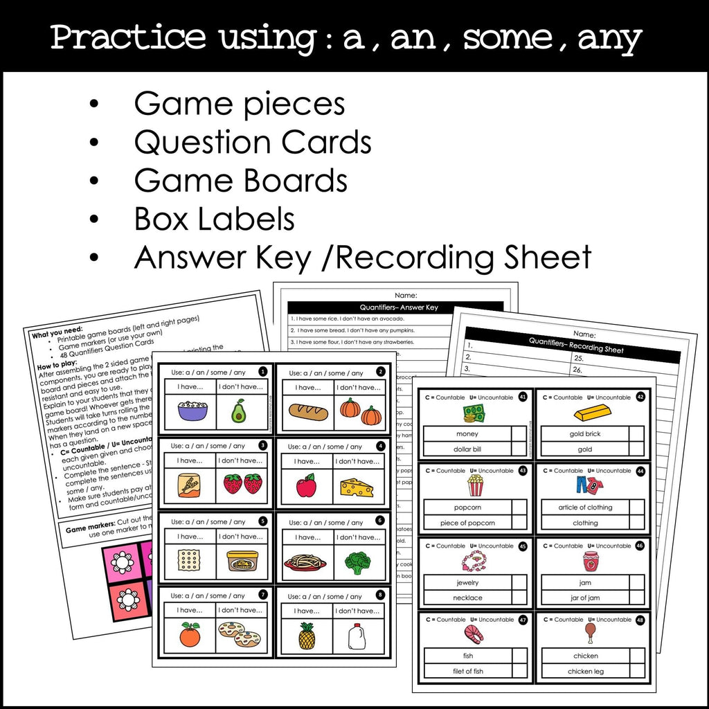 Quantifiers Board Game: Using A, An, Some & Any in Sentences - Hot Chocolate Teachables