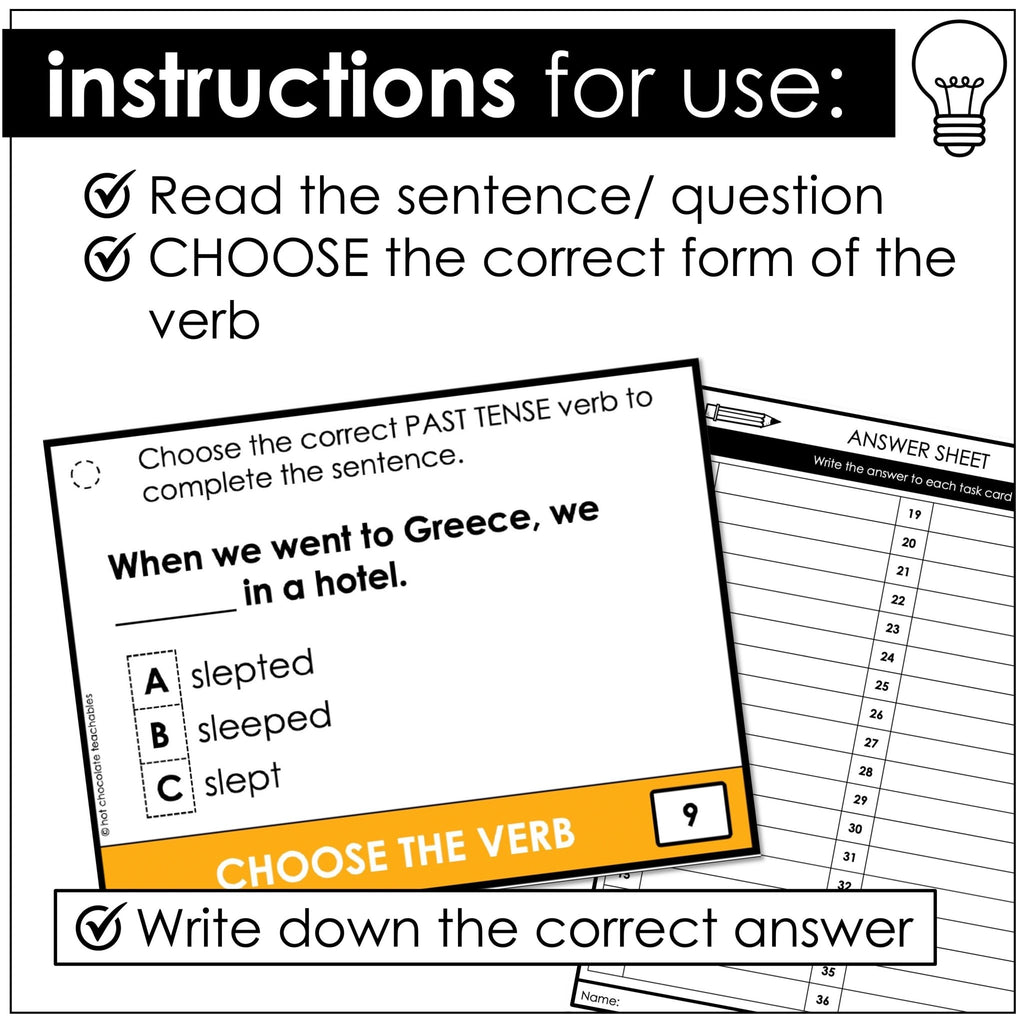 Regular and Irregular Past Tense Verb Task Cards | Sentences and Questions - Hot Chocolate Teachables