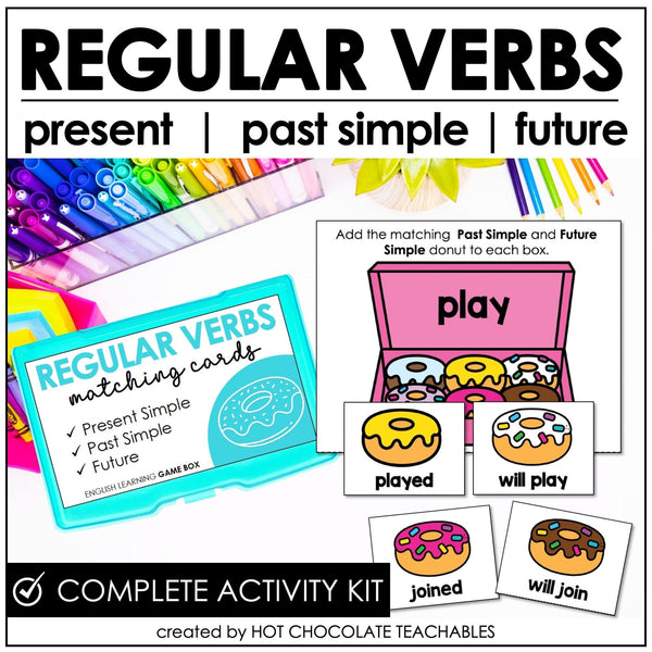 Regular Verb Matching Activity - Present Simple, Past Simple and Future Tenses - Hot Chocolate Teachables