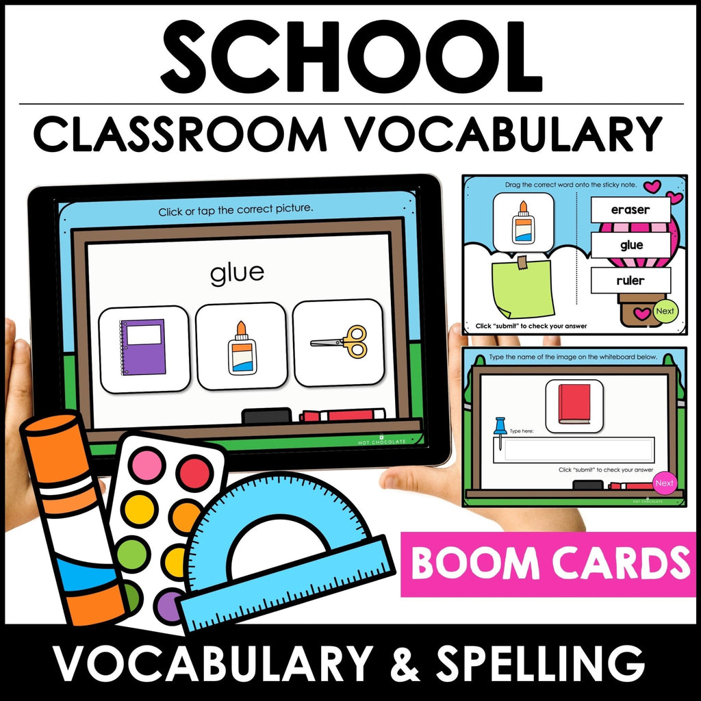 School and Classroom Basic Vocabulary Boom Cards - Hot Chocolate Teachables