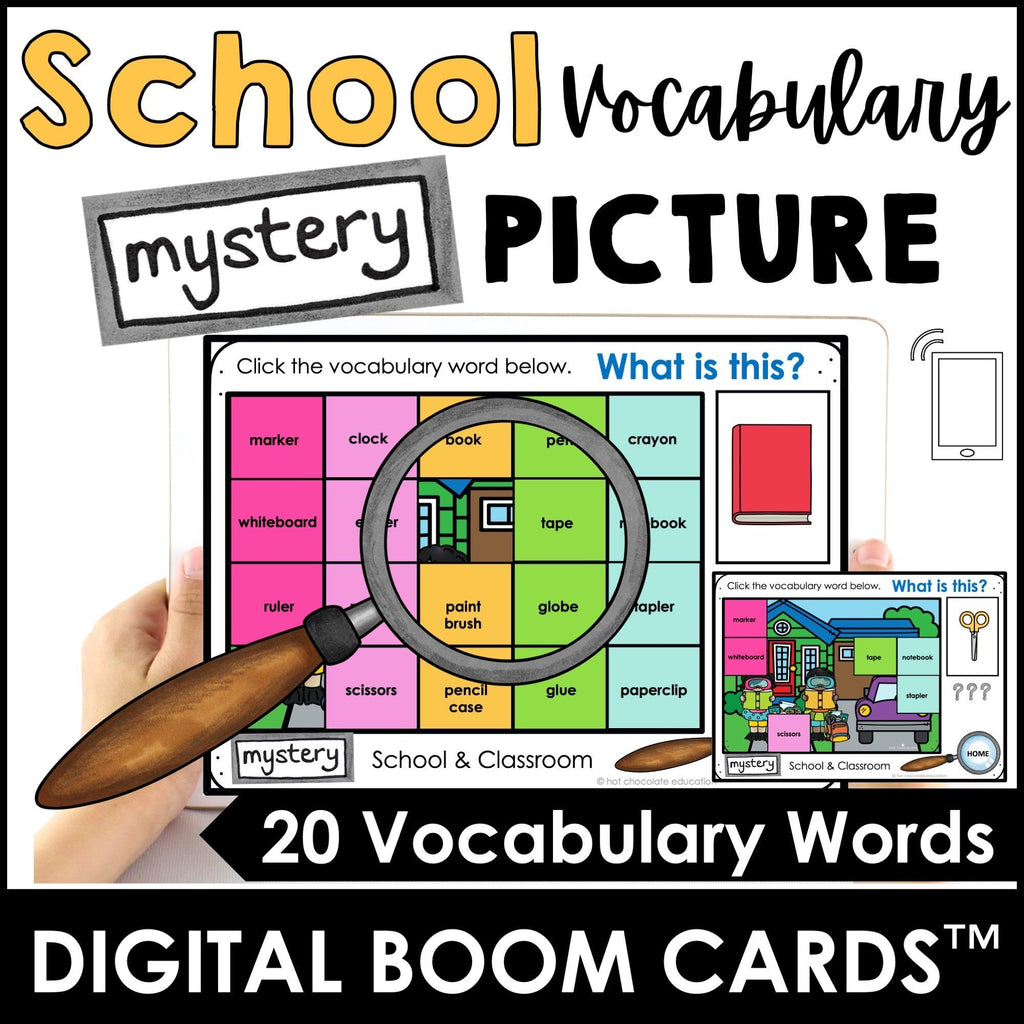 School Supplies & Classroom Vocabulary Building Boom Cards™ - Mystery Picture - Hot Chocolate Teachables