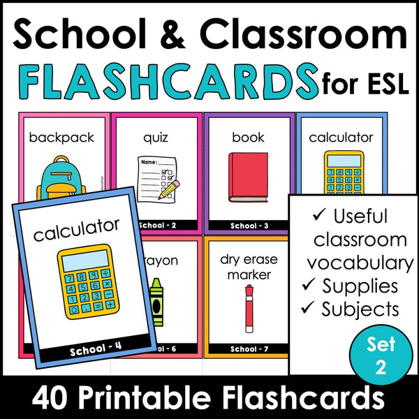 School Supplies & Classroom Vocabulary ESL Flashcards - Hot Chocolate Teachables