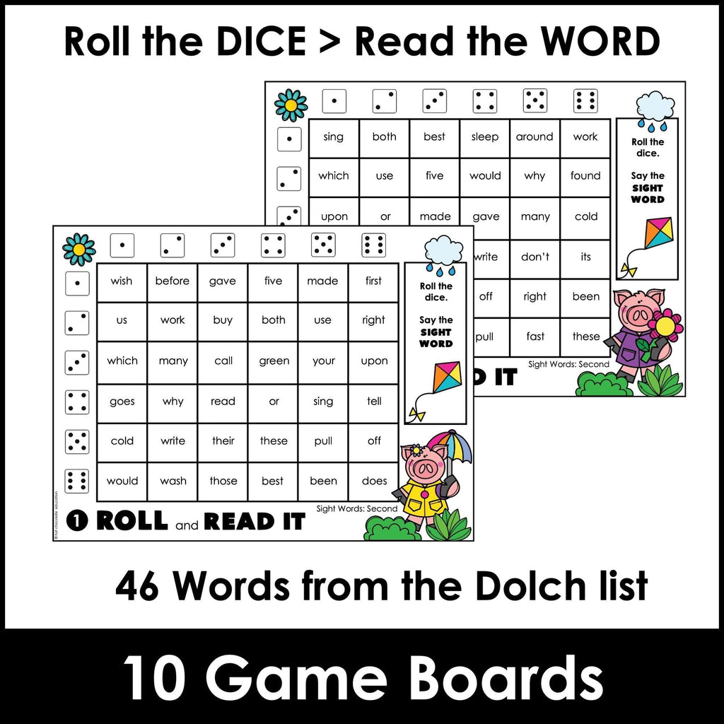 SECOND GRADE Sight Words Roll & Read Activity Boards - Dolch List - Hot Chocolate Teachables