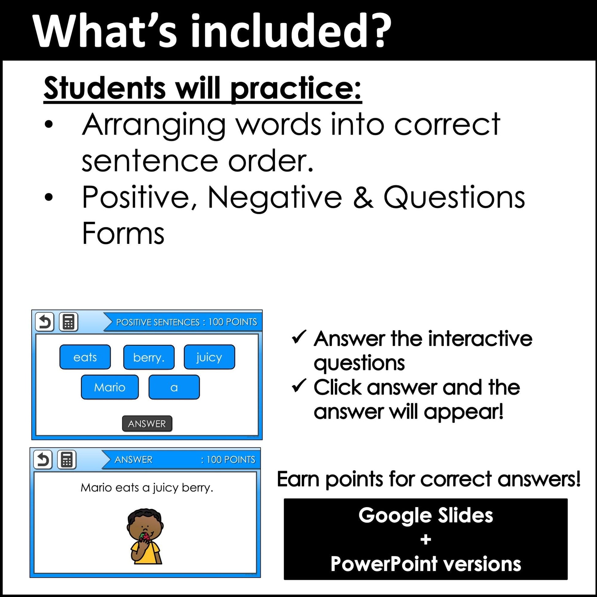 Mixed Up Sentences Game Show - Present Simple Word Order in Sentences & Questions - Hot Chocolate Teachables