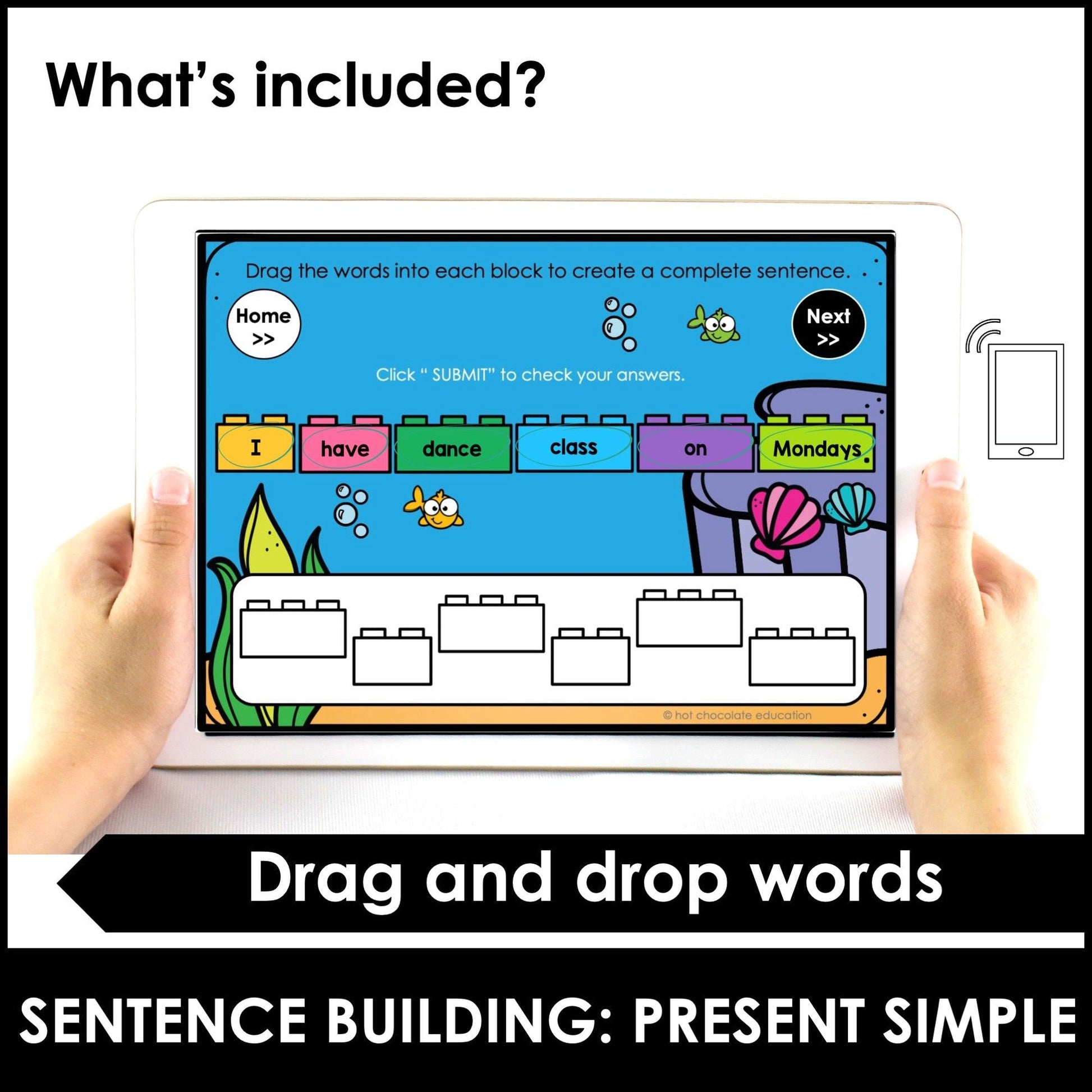 Sentence Building - Present Simple Verbs - Word Order in Sentences Boom Cards™ - Hot Chocolate Teachables
