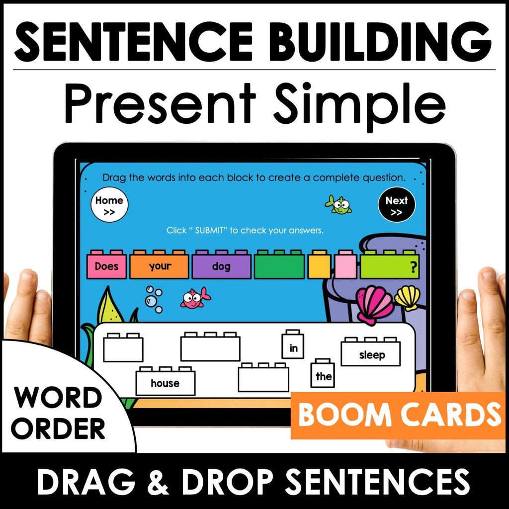 Sentence Building: Present Tense Verbs: Sentences & Questions - BOOM CARDS™ - Hot Chocolate Teachables