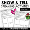 Show and Tell Year Long Topic Prompts - Monthly Speaking Activities - Hot Chocolate Teachables