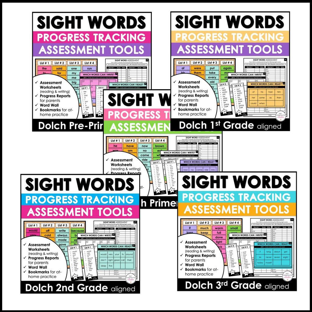 Sight Word Progress Reports BUNDLE | Evaluation Tools Pre-Primer through 3rd - Hot Chocolate Teachables