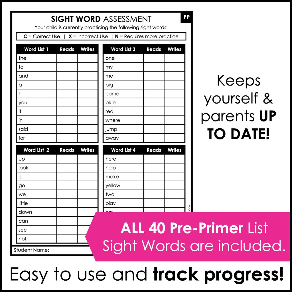 Sight Word Progress Reports - Pre-Primer Words | Evaluation Template & Word Wall - Hot Chocolate Teachables