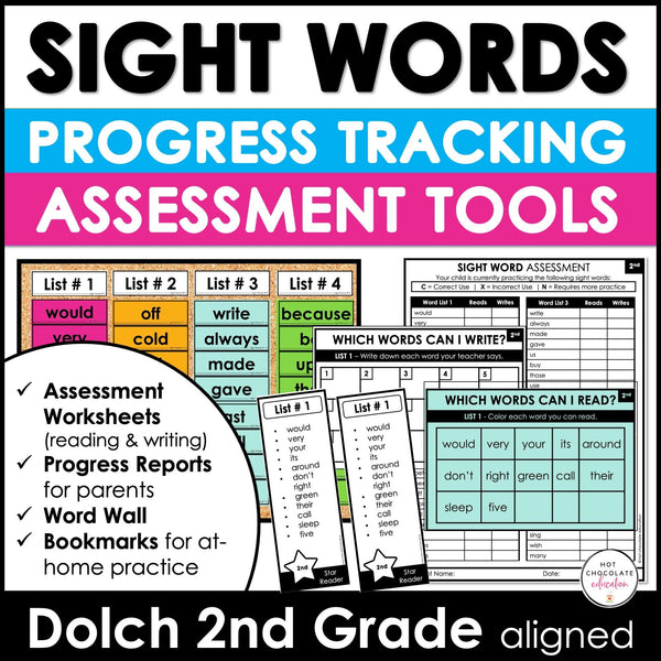 Sight Word Progress Reports - SECOND GRADE | Evaluation Template & Word Wall - Hot Chocolate Teachables