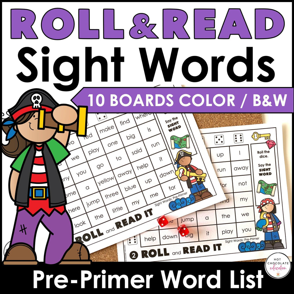 Sight Words Roll & Read Activity Boards - Dolch Pre Primer List - Hot Chocolate Teachables
