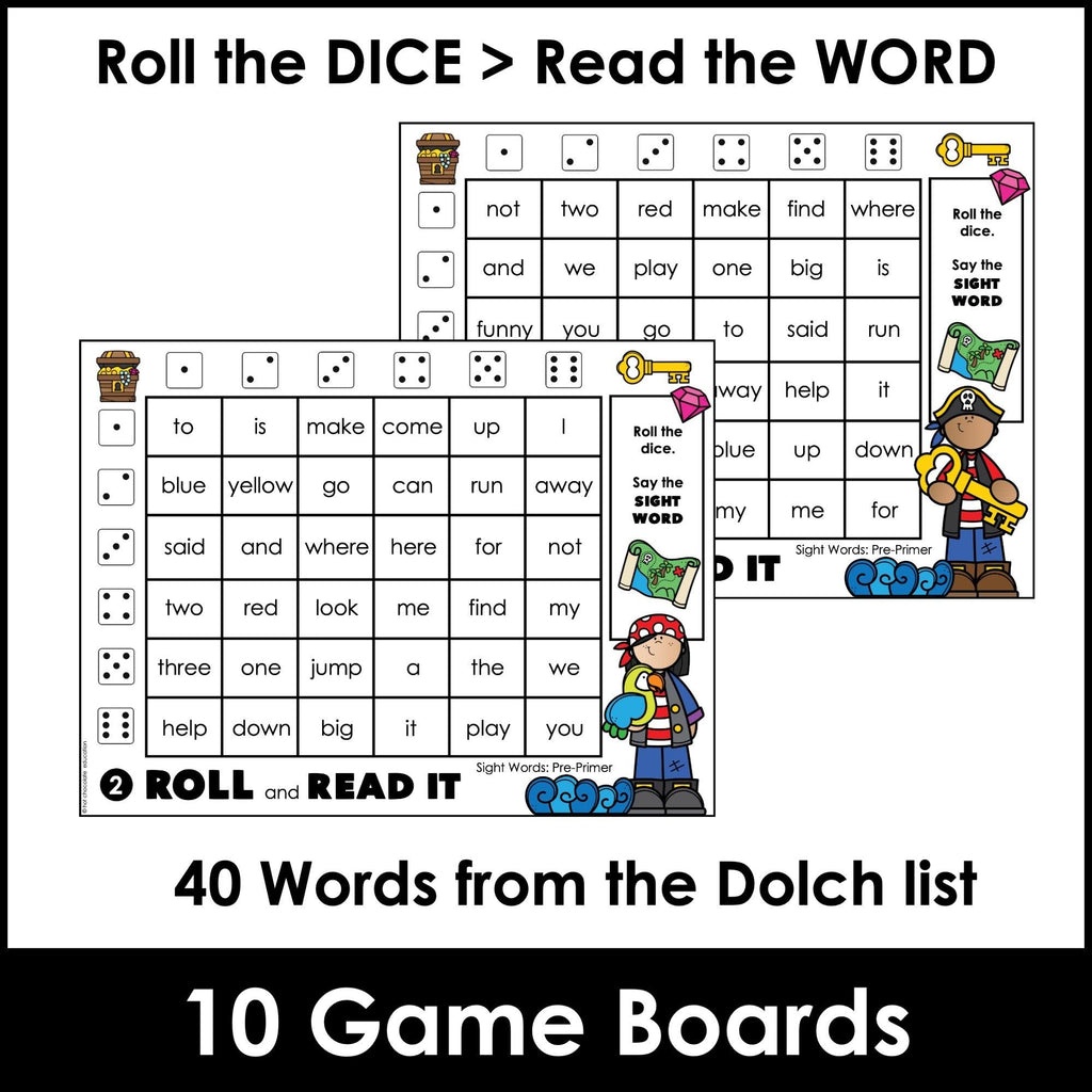 Sight Words Roll & Read Activity Boards - Dolch Pre Primer List - Hot Chocolate Teachables