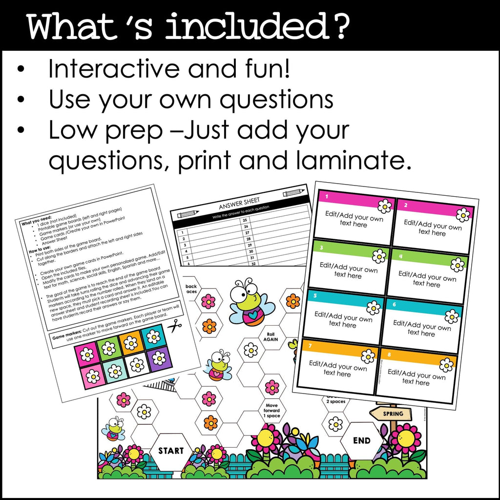 Spring Board Game Template for ANY subject with Editable Game Cards - Hot Chocolate Teachables