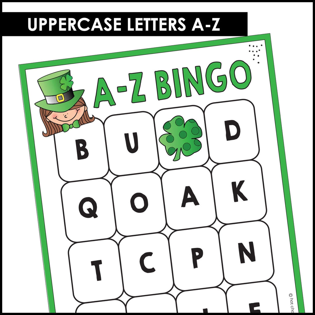 St. Patrick's Day Alphabet Recognition Bingo - Letters A through Z - Hot Chocolate Teachables