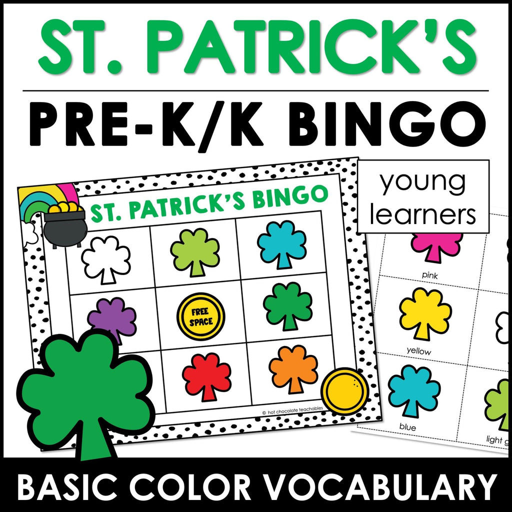 St. Patrick's Day COLOR identification BINGO GAME for Preschool & Kindergarten - Hot Chocolate Teachables