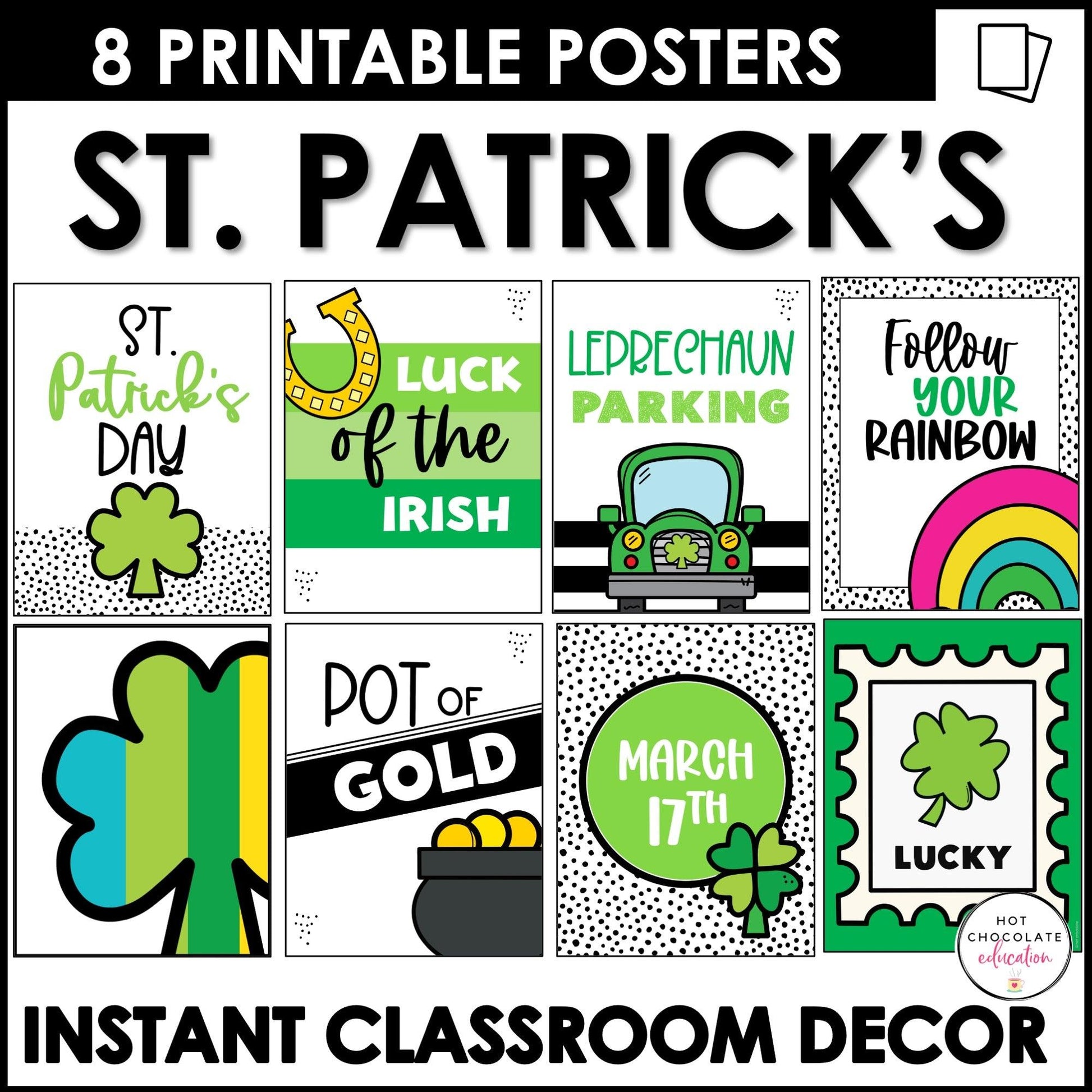 St. Patrick's Day Decorative Posters | March Instant Bulletin Board Decor - Hot Chocolate Teachables