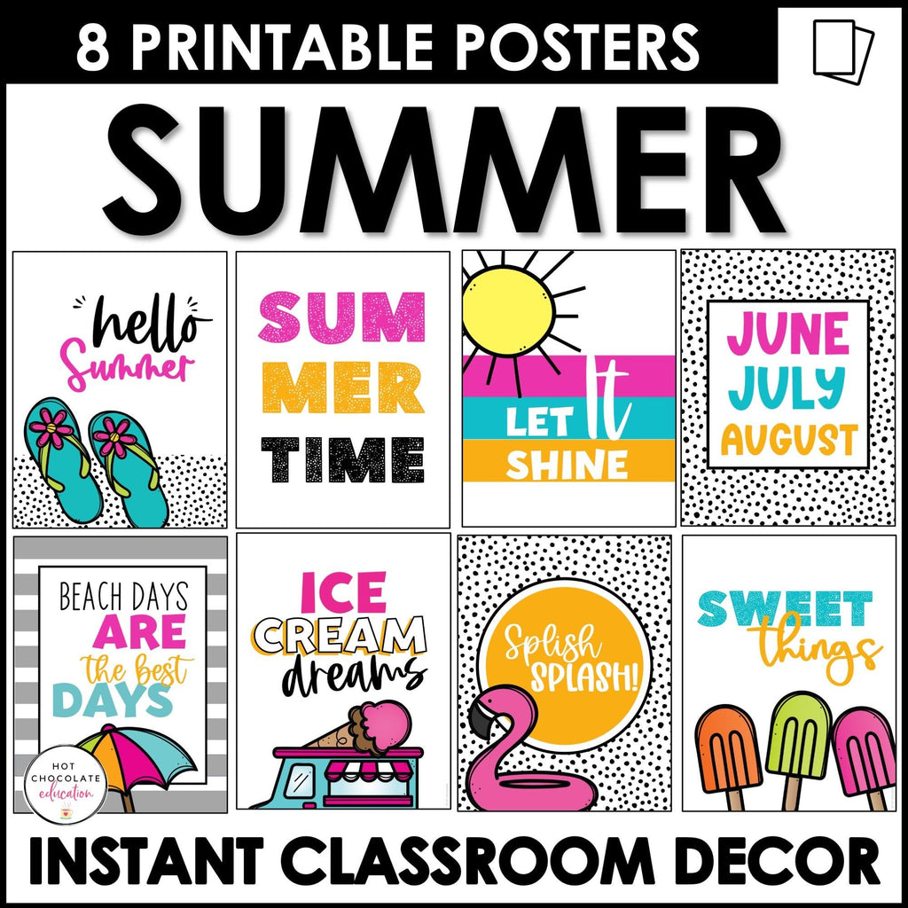 Summer Decorative Classroom Posters | Bulletin Board Decor - 8 Poster Set - Hot Chocolate Teachables