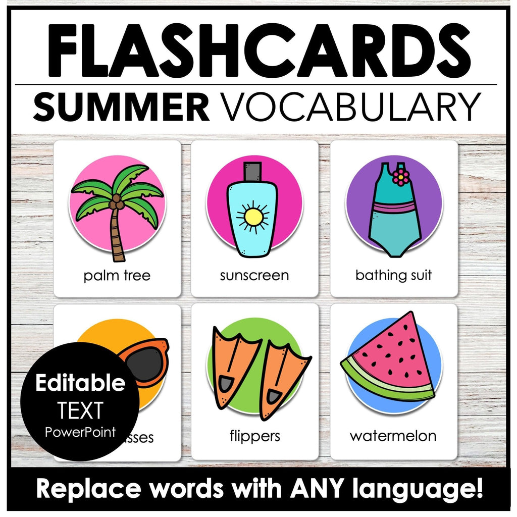 Summer Vocabulary Flashcards with Editable Text - ESL Flashcards for Kids - Hot Chocolate Teachables